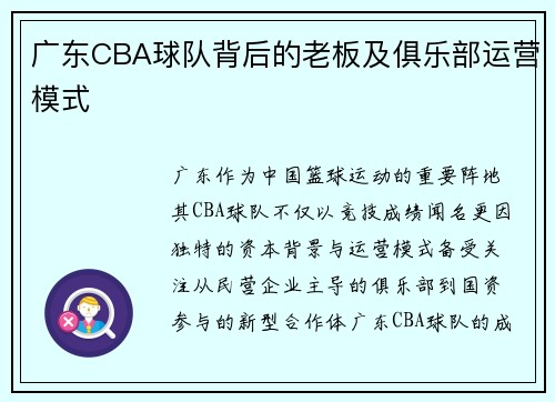 广东CBA球队背后的老板及俱乐部运营模式